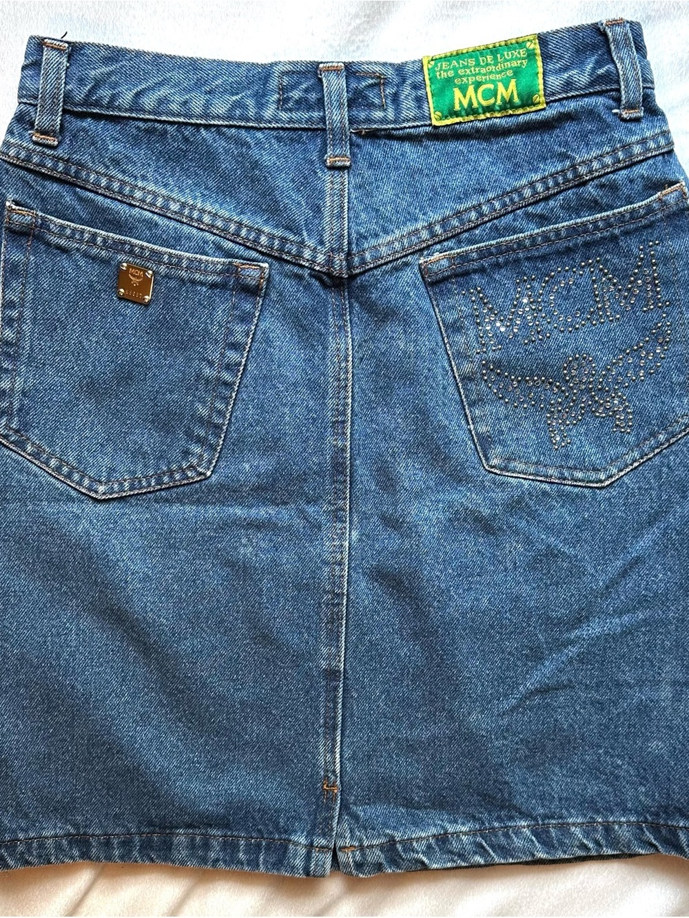 MCM Denim Jean Pencil Skirt XS Made in Italy Rhinestone Stud Logo Back Pocket